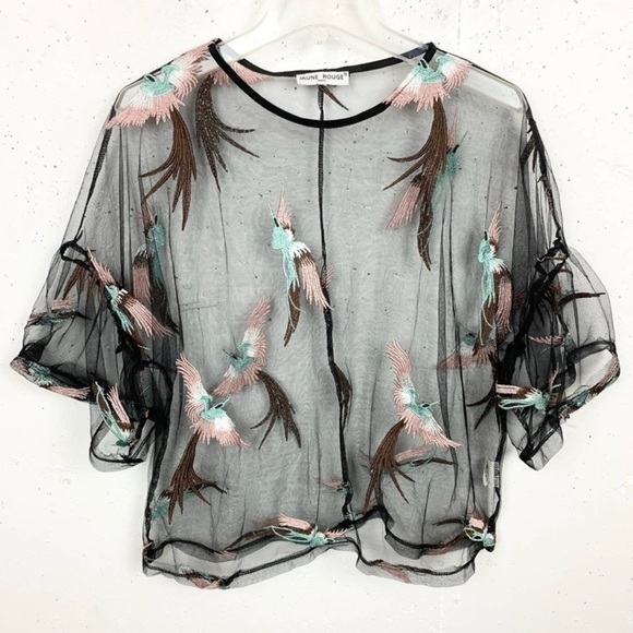 Jaune Rouge Paris Tops - Jaune Rouge Paris Sheer Bell Sleeve Embroidered Bird Blouse Black Size XL